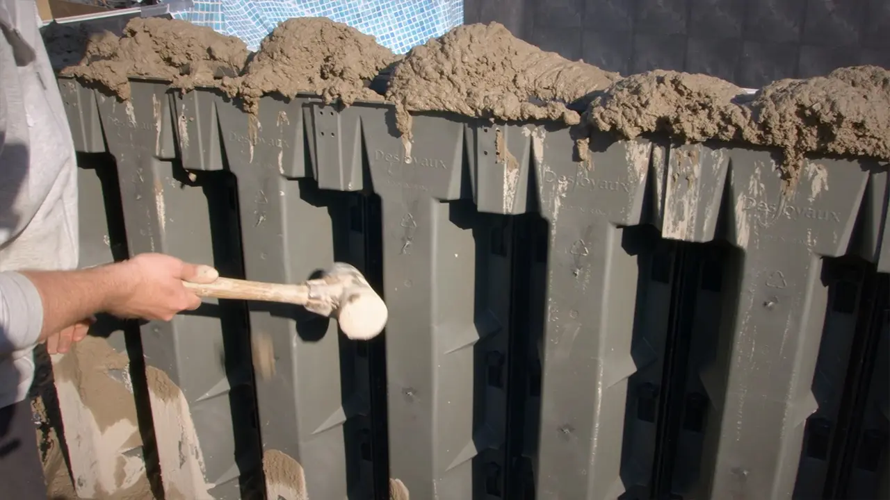 Beim Betonieren mit Gummihammer gegen Pool Wandelemente klopfen zum Beton verteilen