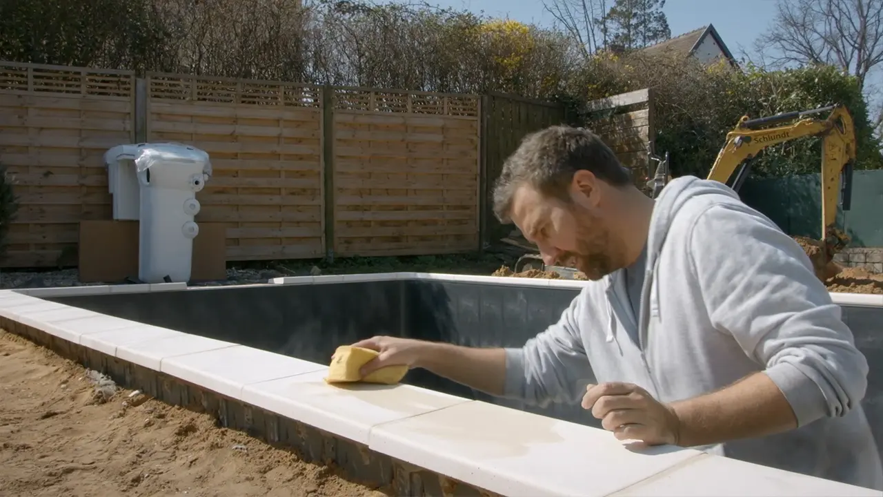 Fuge der Pool Randsteine mit Schwamm formen und abwaschen