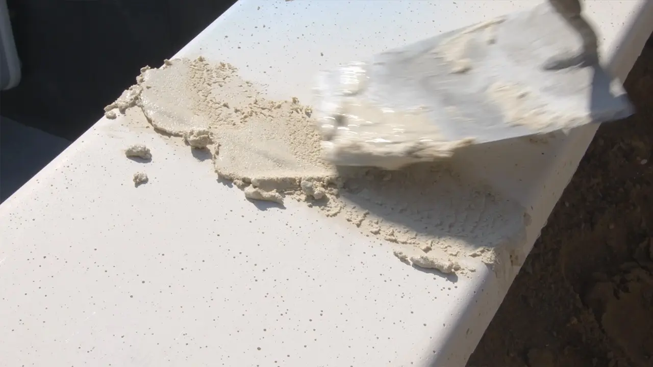 Mörtel etwa 1cm über Fuge zwischen Pool Randsteinen hinaus auffüllen