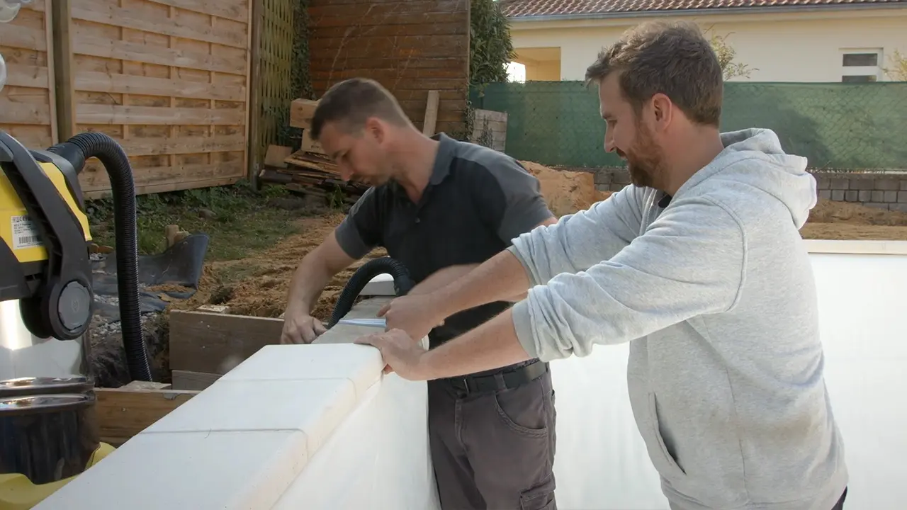 Saugerschlauch am Poolrand mit Klebeband befestigen