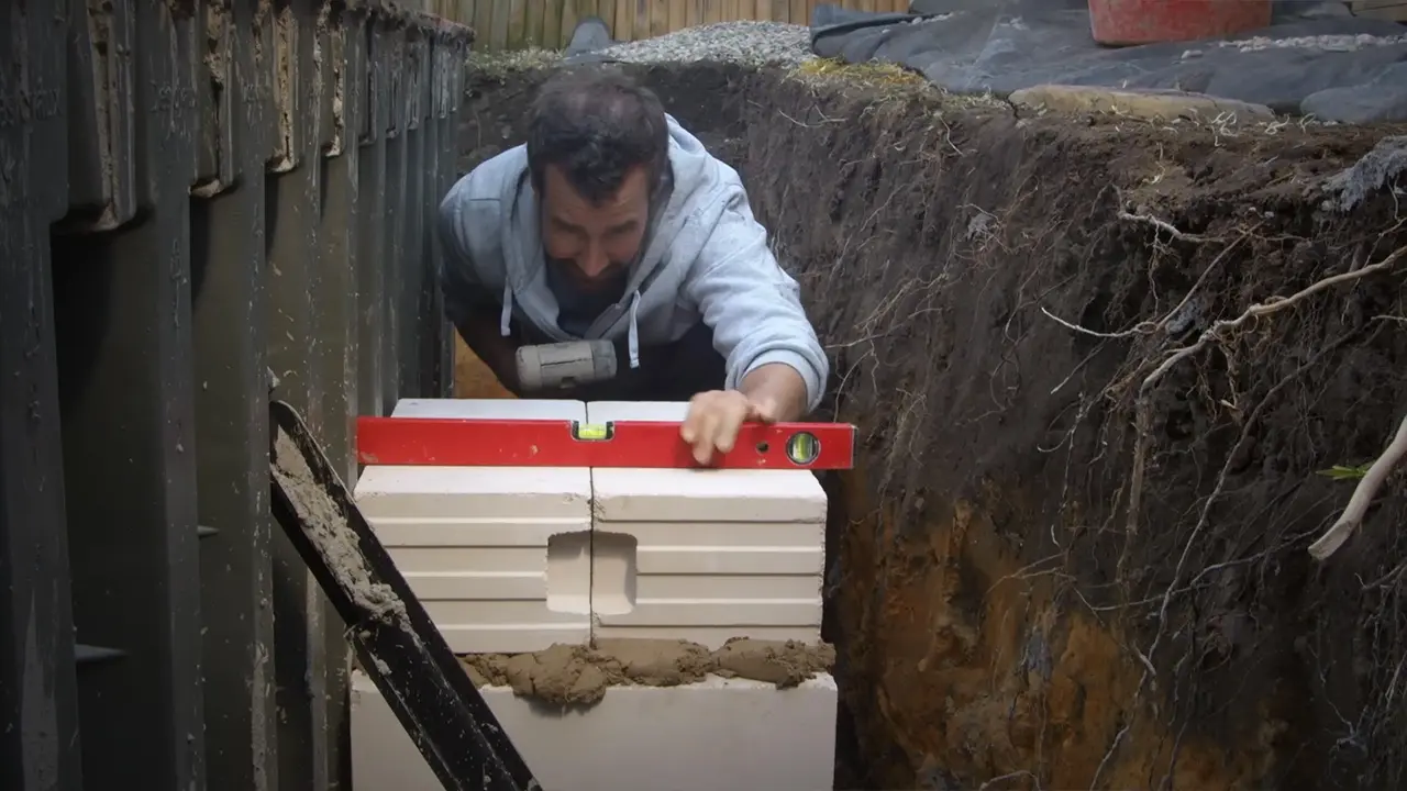 Stützmauer mit Wasserwaage ausrichten